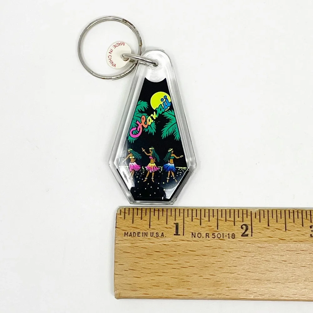 Vintage 80s Hawaii Keychain Black Neon Aloha Hula Dancers Retro Souvenir Plastic